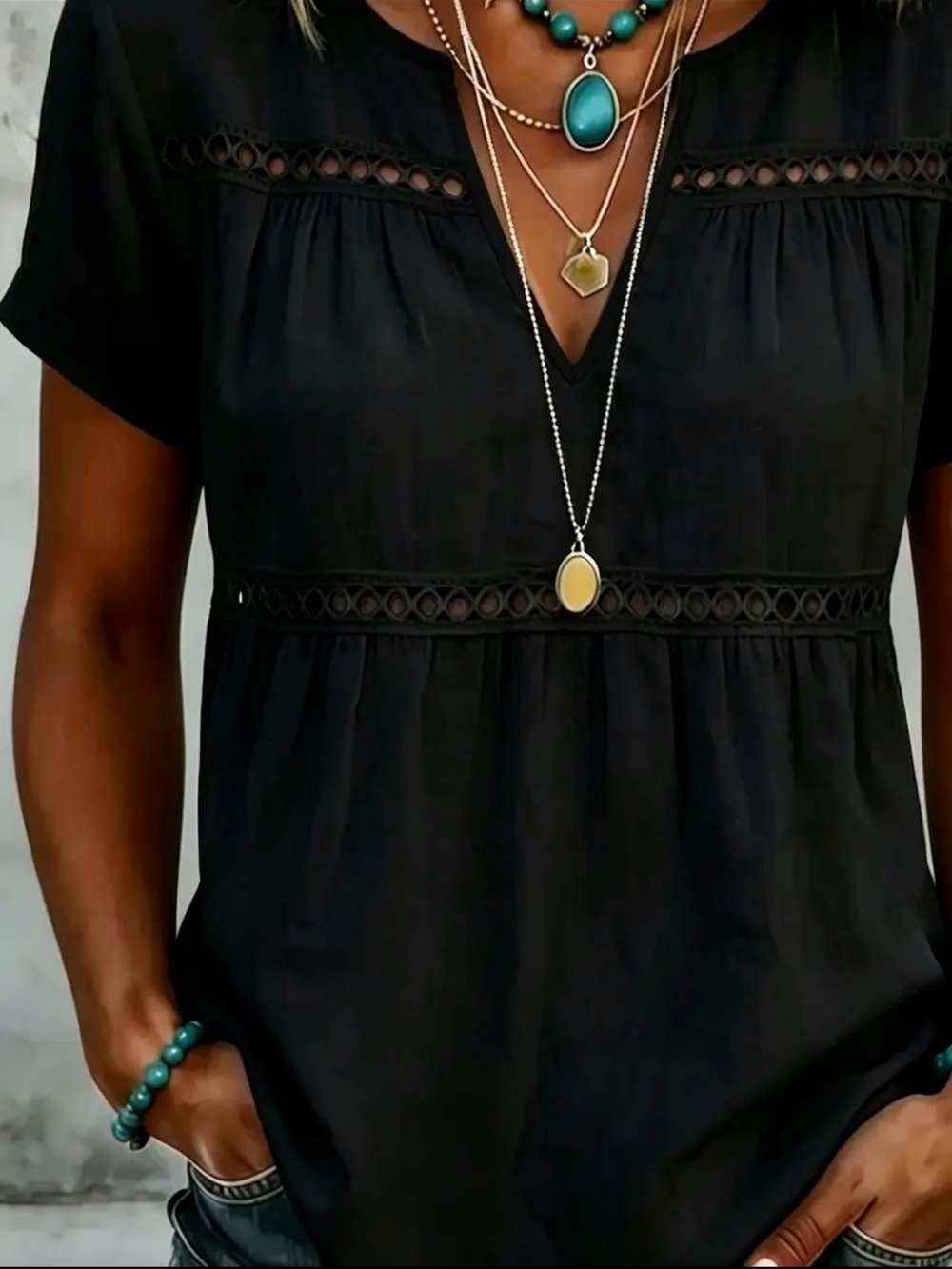 Black Short-Sleeve Lace-Trim Women's Top - Picture 3 of 5